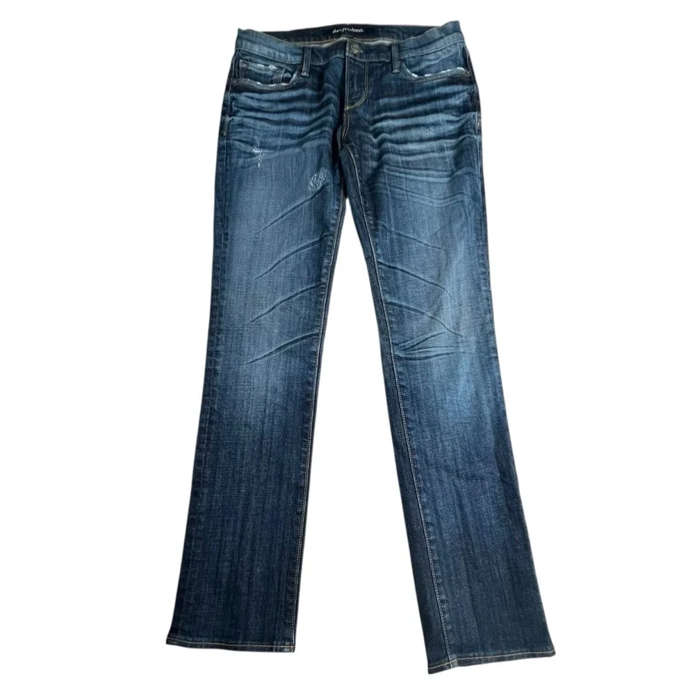 Driftwood Womens 28 Dark Wash Low Rise Slim‎ Straight Distressed Jeans